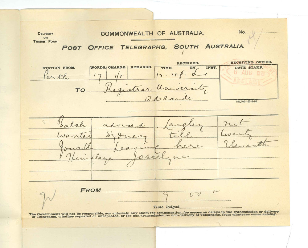 Henry Maurice Joscelyne - Perth - Langley due Sydney 24th instant Leaving W A 11th instant