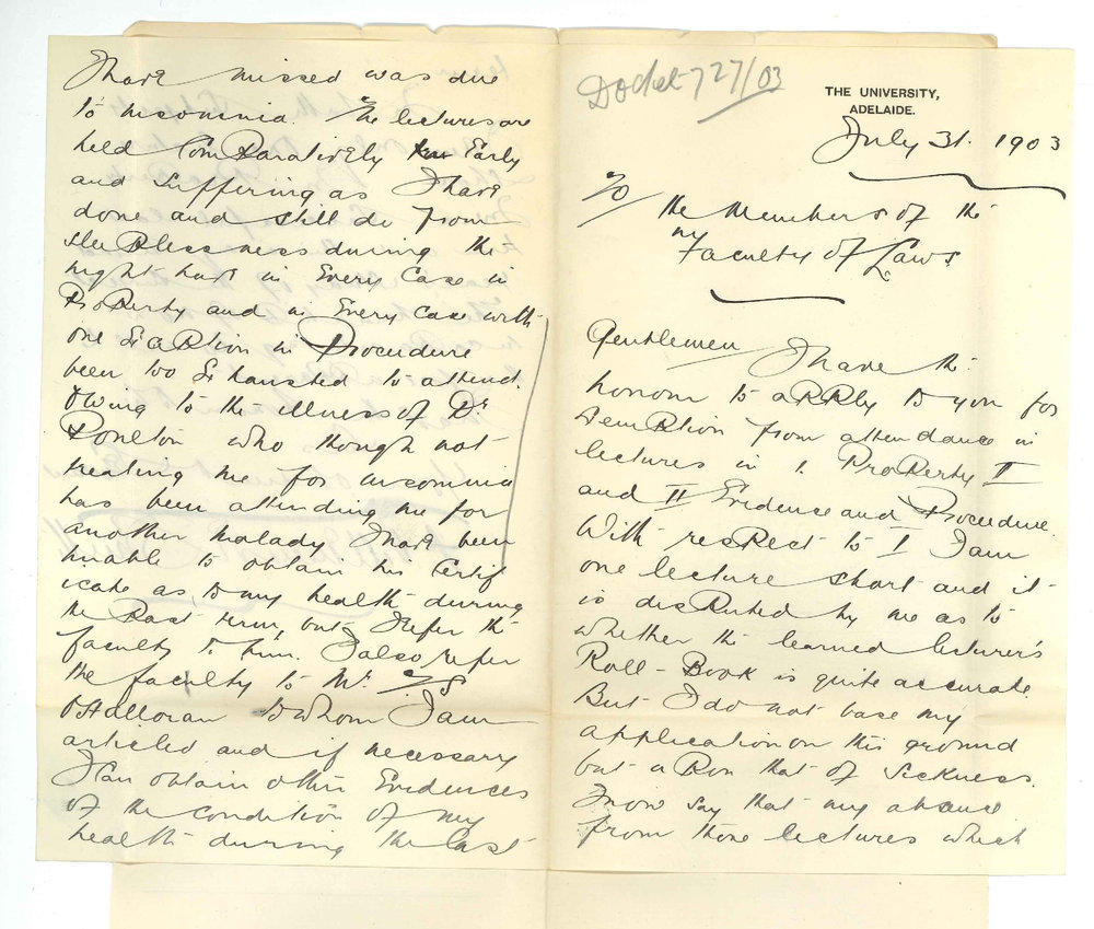 F V Smith - Adelaide - Exemption from Lectures
