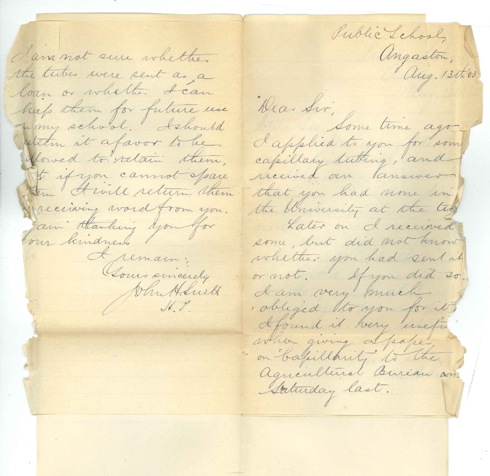 John H Snell - Angaston - In regard to retaining capillary tubing Asking for Certificate Mary Reid Snell in Primary Theory
