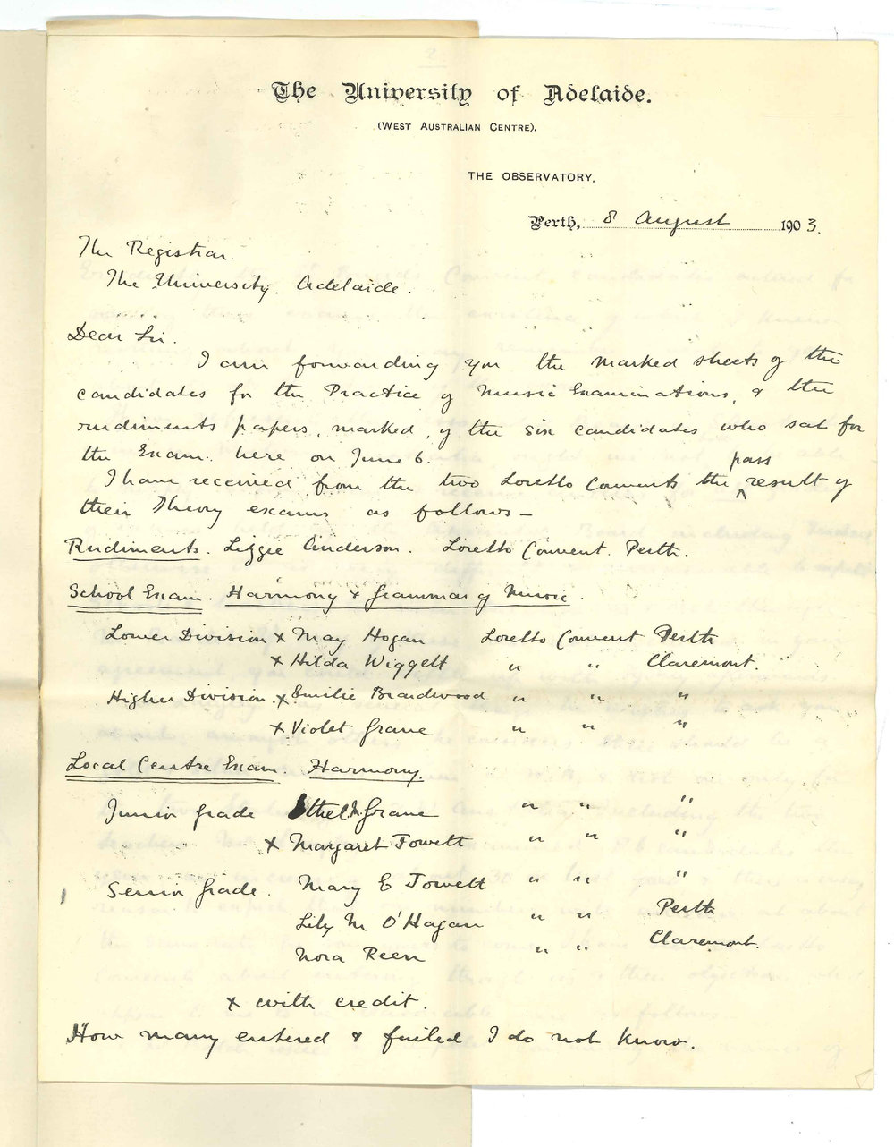 Henry Maurice Joscelyne - Perth WA - Results of Practice of Music Questions in regard to Syllabus