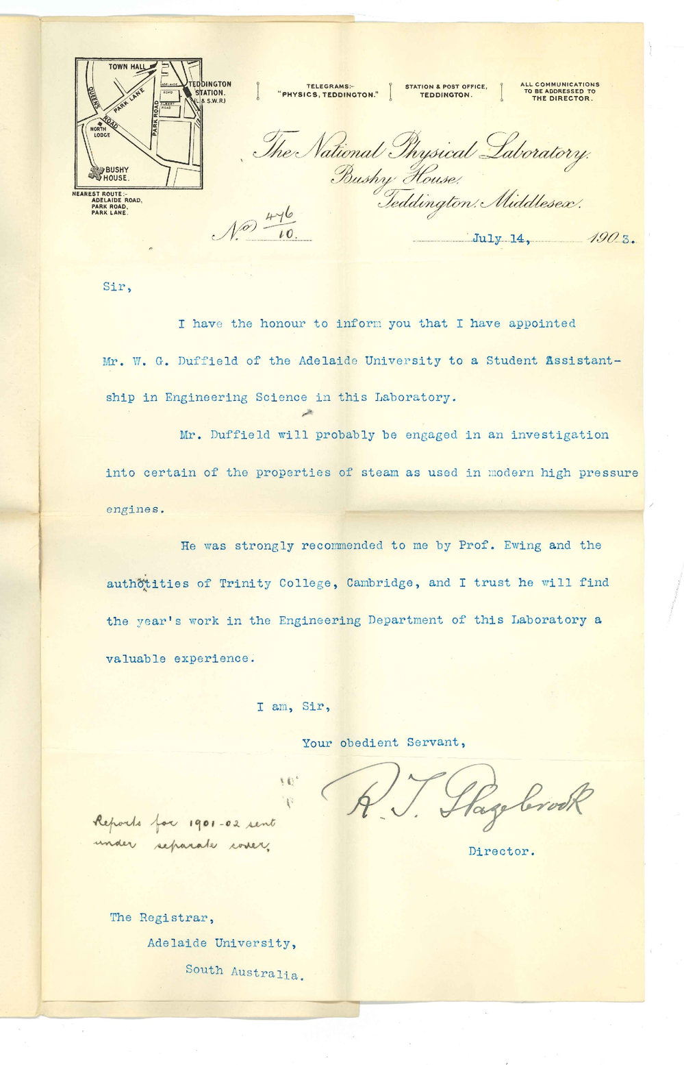 R T Glazebrook - The National Physical Laboratory - Re appointment of Mr W G Duffield as Student Assistantship