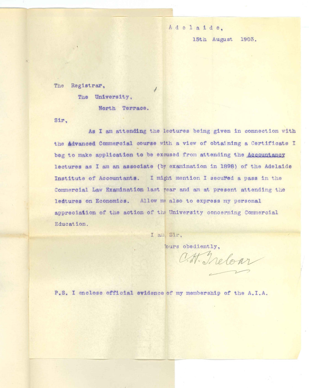 C H Treloar - Adelaide - Re Exemption from attendance Accountancy Lectures