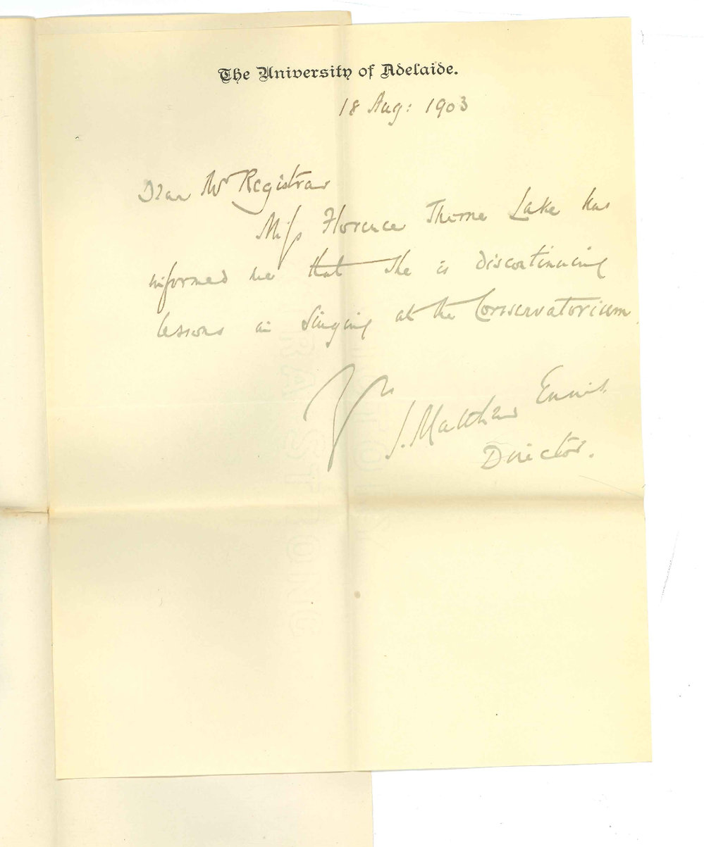Professor Ennis - Adelaide - Miss Florence T Lake is discontinuing Singing Lessons