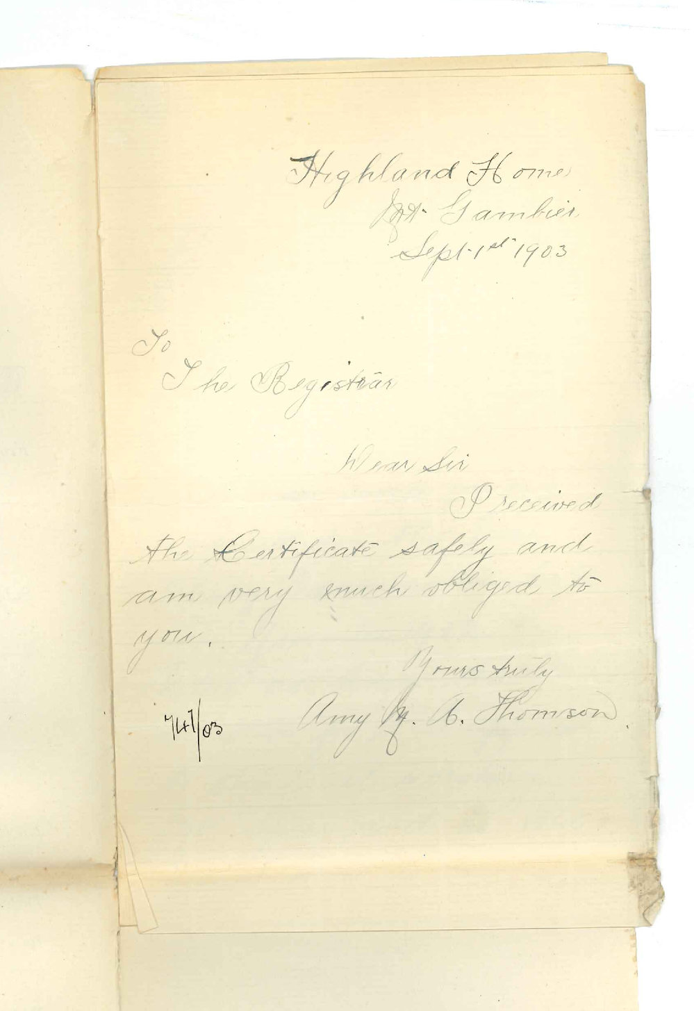 A M A Thomson - Mount Gambier - Asking for Certificate Junior Theory