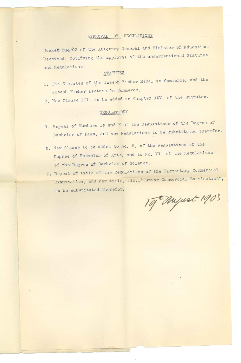 Minister of Education - Adelaide - Approving of Statutes and Regulations