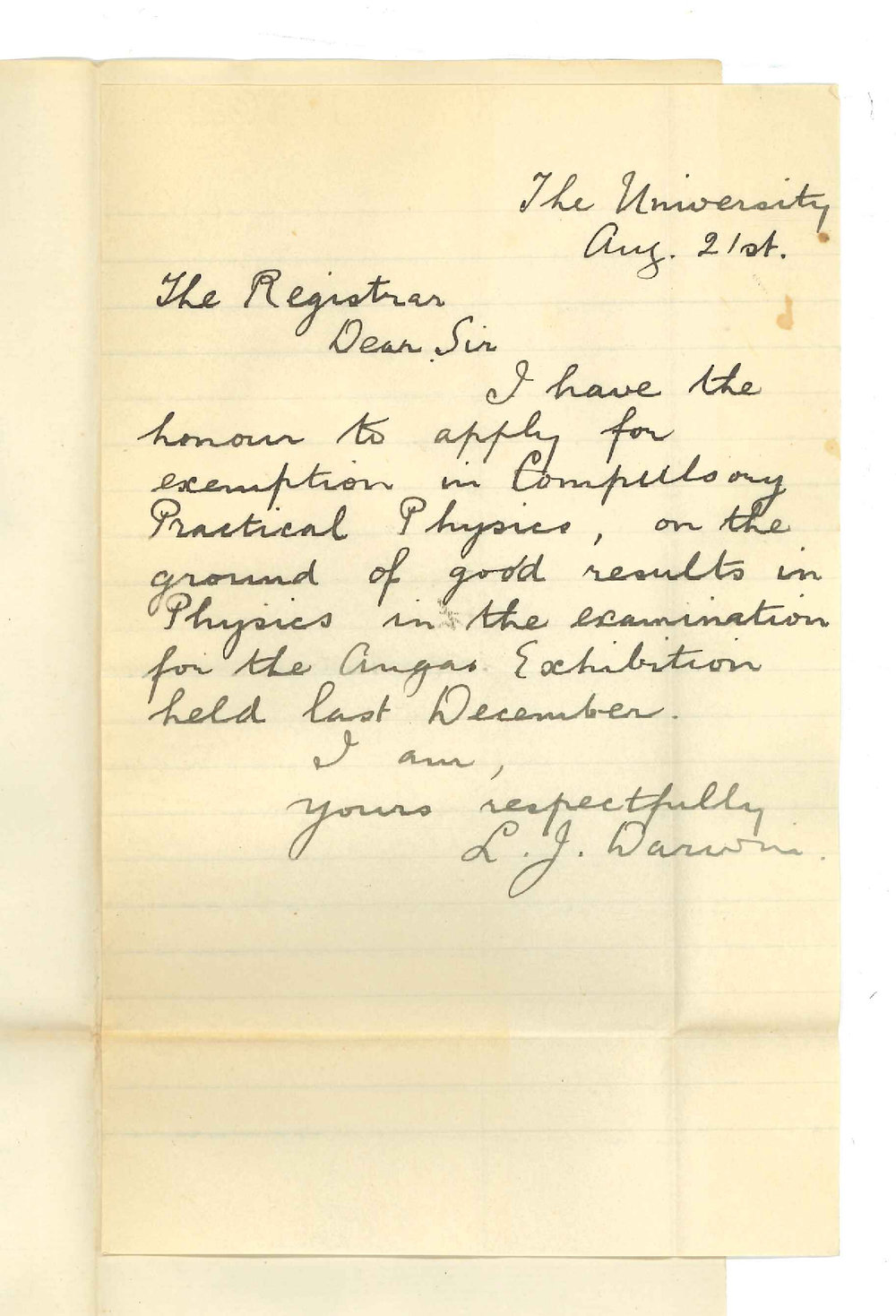 L J Darwin - Adelaide - Exemption from Lectures