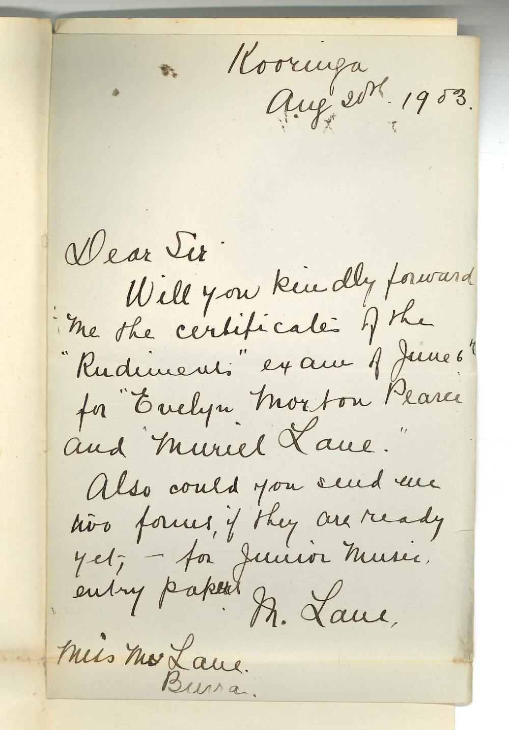 M Lane - Kooringa - Asking for Certificates E M Pearce and M Lane