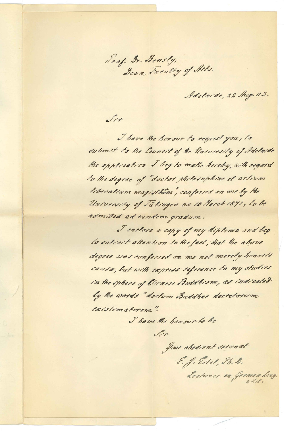 Dr E J Eitel - Adelaide - Admission Ad eundem gradum