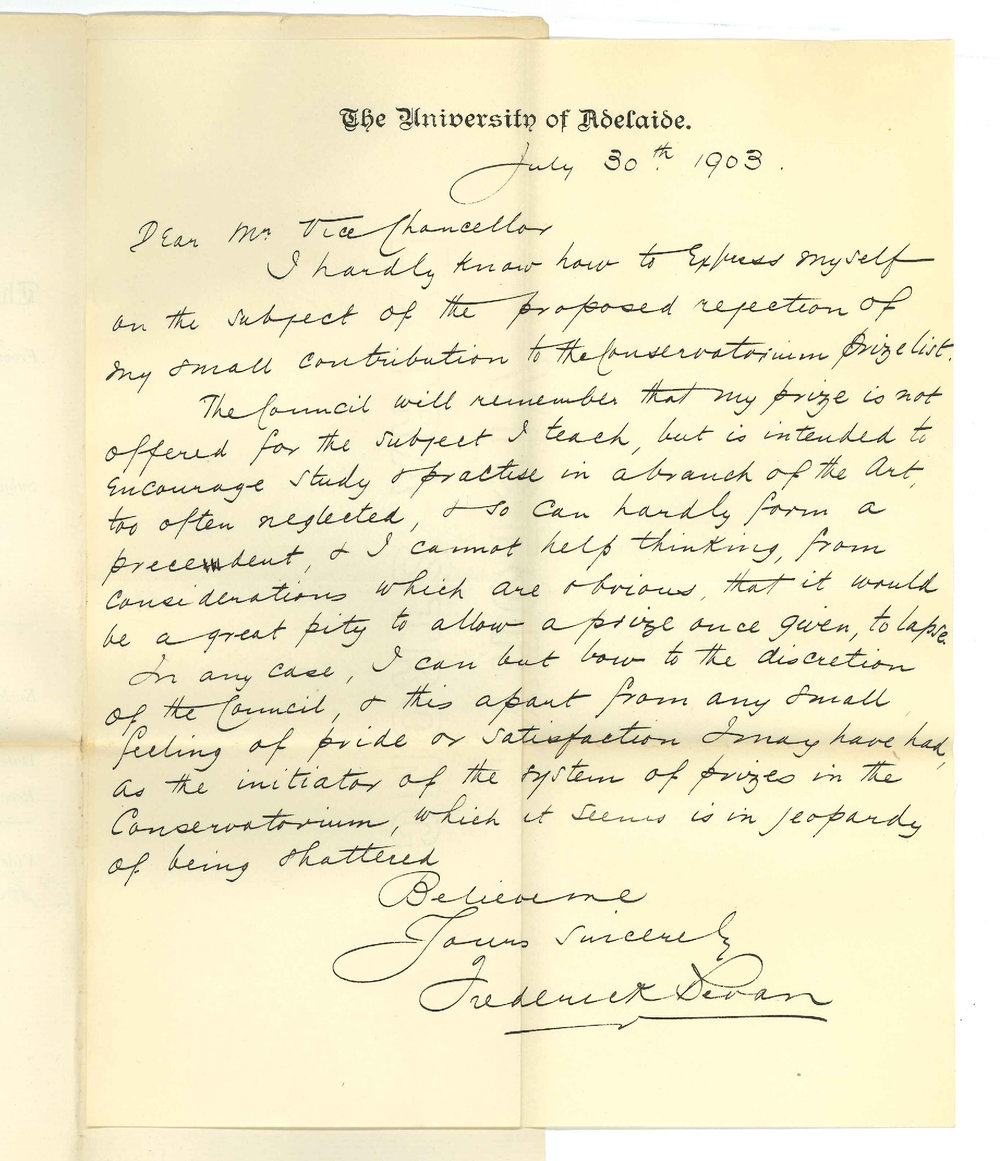 Frederick Bevan - Adelaide - In regard to Conservatorium Prize