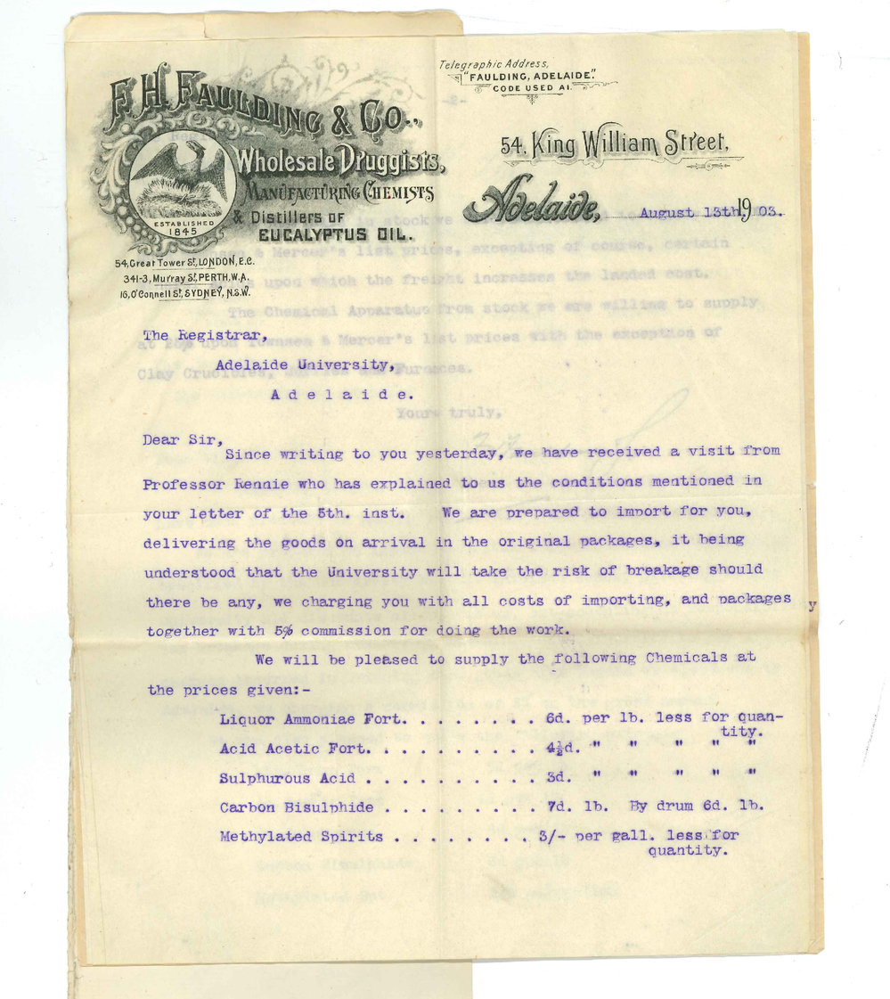 A M Bickford and Sons and F H Faulding and Company - Adelaide - Re Importing for the University Chemicals