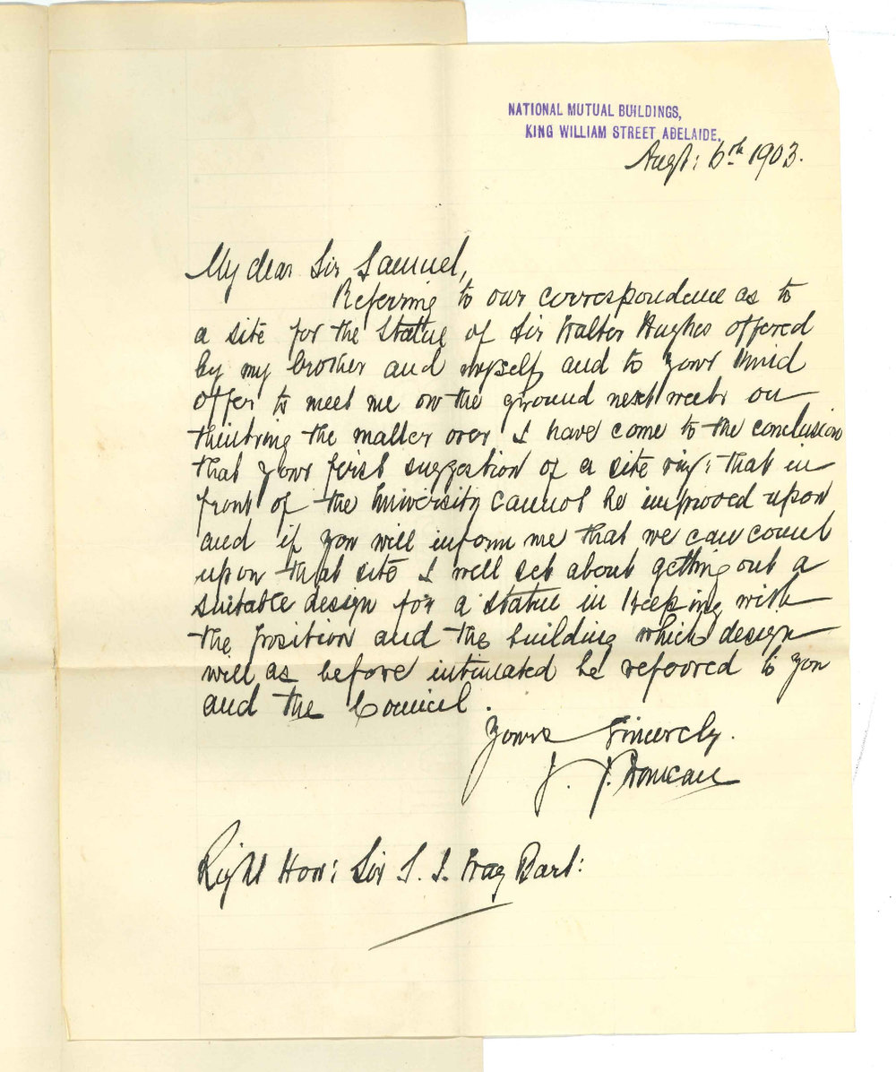 Honorable J J Duncan Adelaide Re Site for Statue of Sir Walter