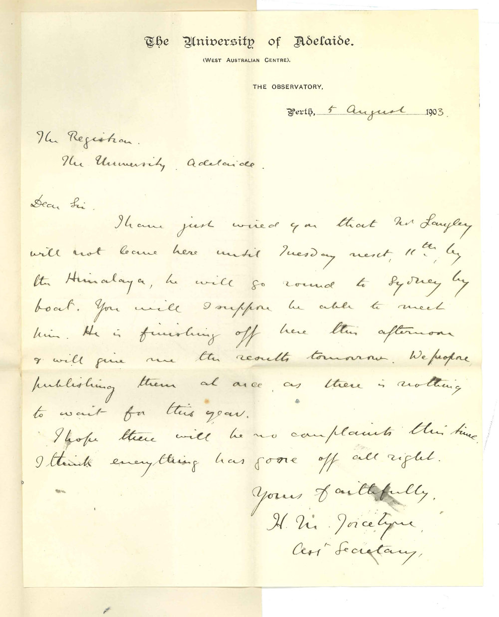 Henry Maurice Joscelyne - Perth - Mr Langley finished Exam Publishing at once