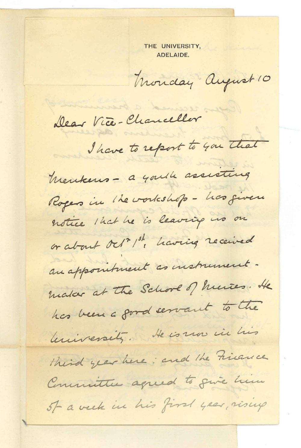 Professor Bragg - University - Re appointment of new Assistant in Workshop