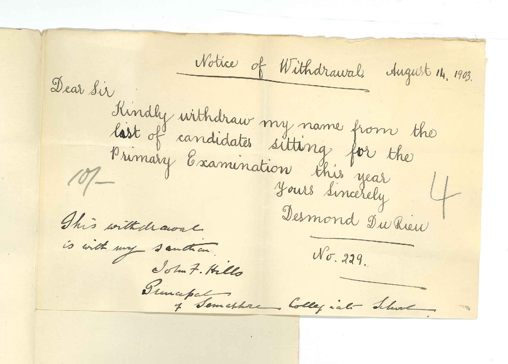 Desmond Du Rieu - Semaphore - Withdrawal from Primary Examination