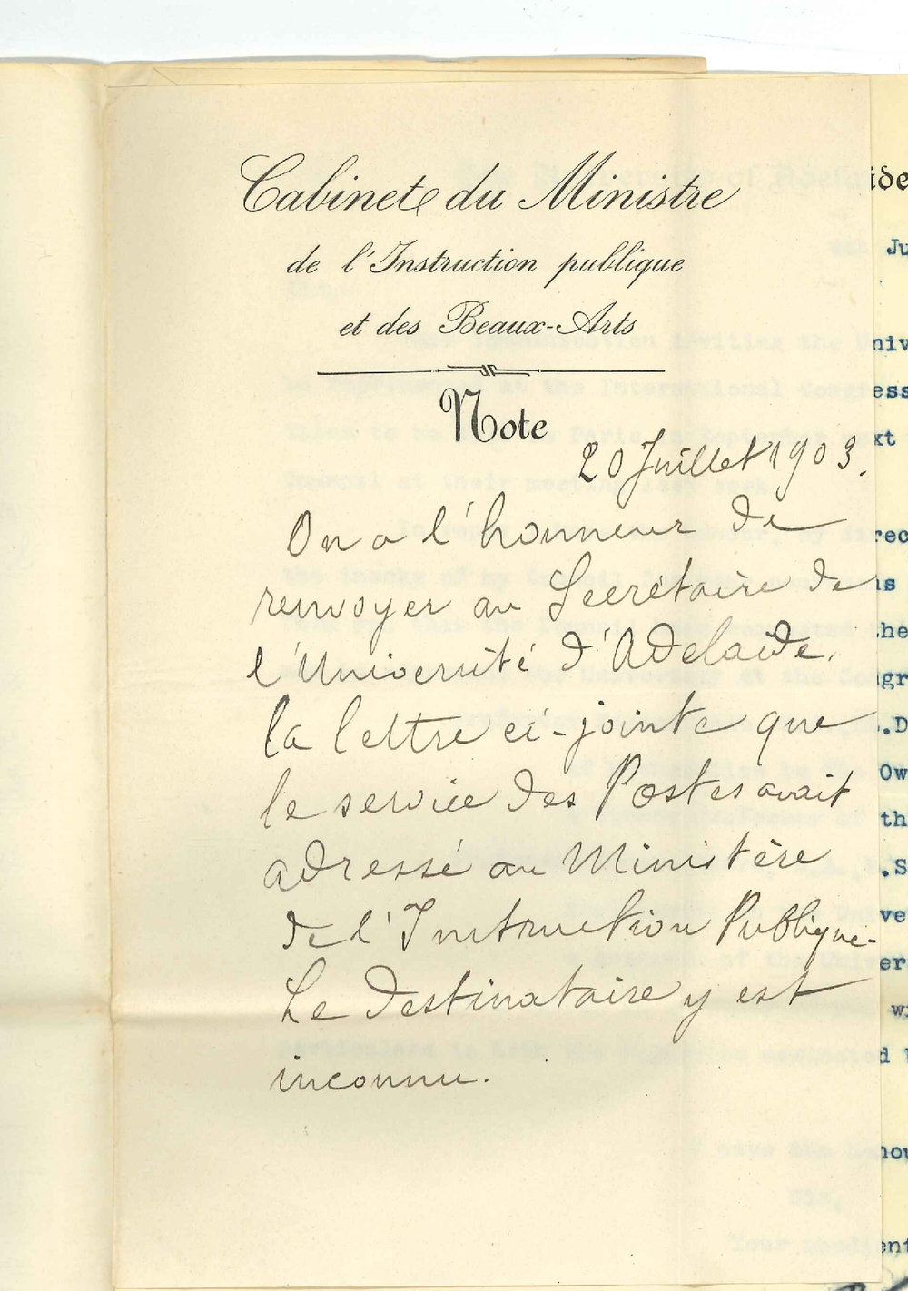 Minister of Public Instruction - Paris - Returning letter in regard to International Congress of Education Authorities unclaimed