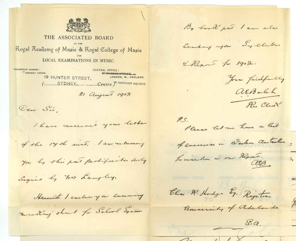 A E Balch - Associated Board of R A M and R C M - Returning Certificates signed Sending Syllabus and Report 1902 Asking list of successes in W A