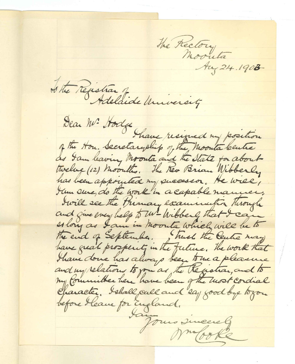 Wm Cooke - Moonta - Resignation Appointment of Rev Brian Wibberley as Honorary Secretary