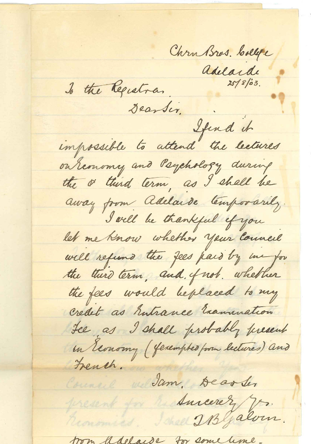 T B Galvin - Adelaide - Exemption from Lectures