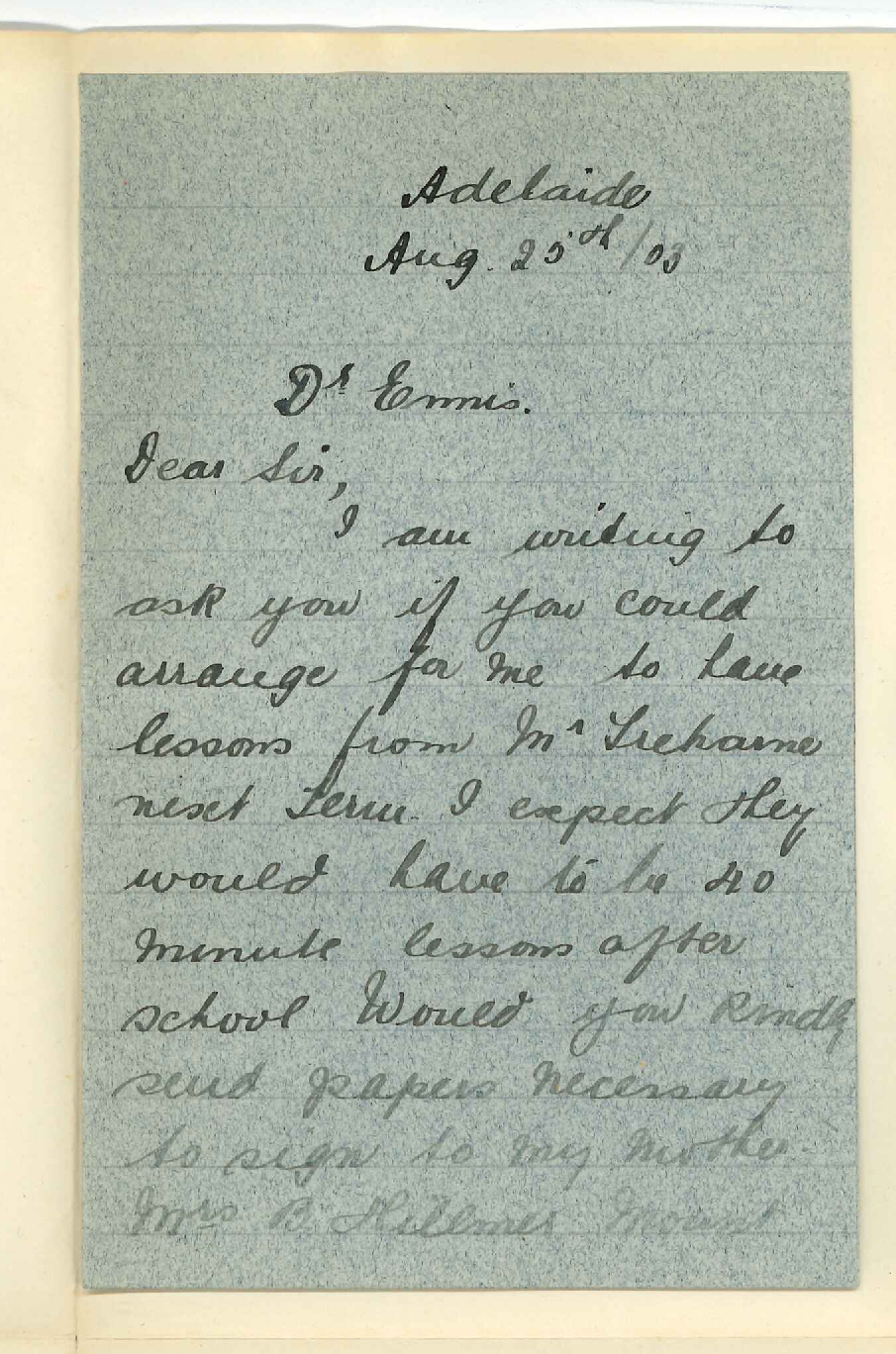 Miss Gertie Hillmer - Broken Hill - Re Attending Conservatorium