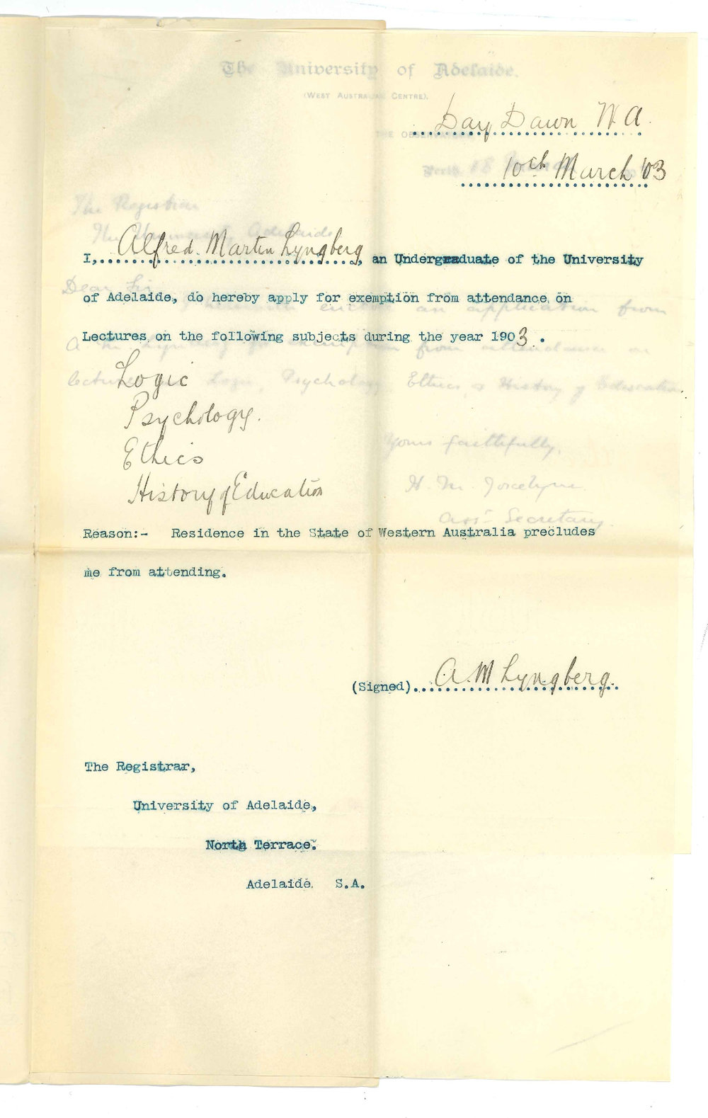 Henry Maurice Joscelyne - Assistant secretary - Perth - On behalf of Alfred Martin Lyngberg requesting exemption attendance at lectures