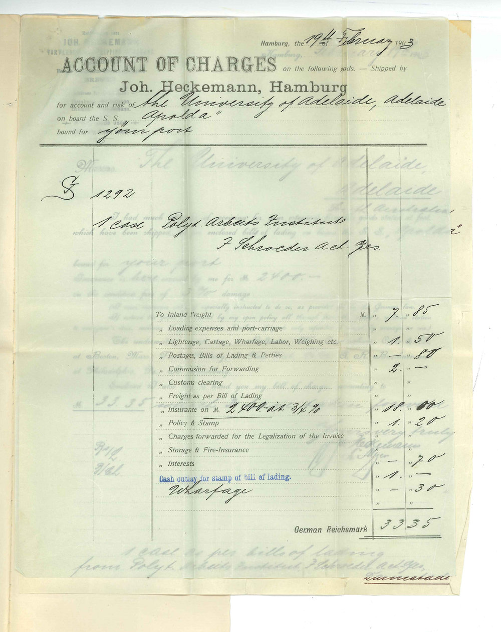 Joh. Heckemann - Hamburg - Bills of loading the base of apparatus on board of S. S. Apolda