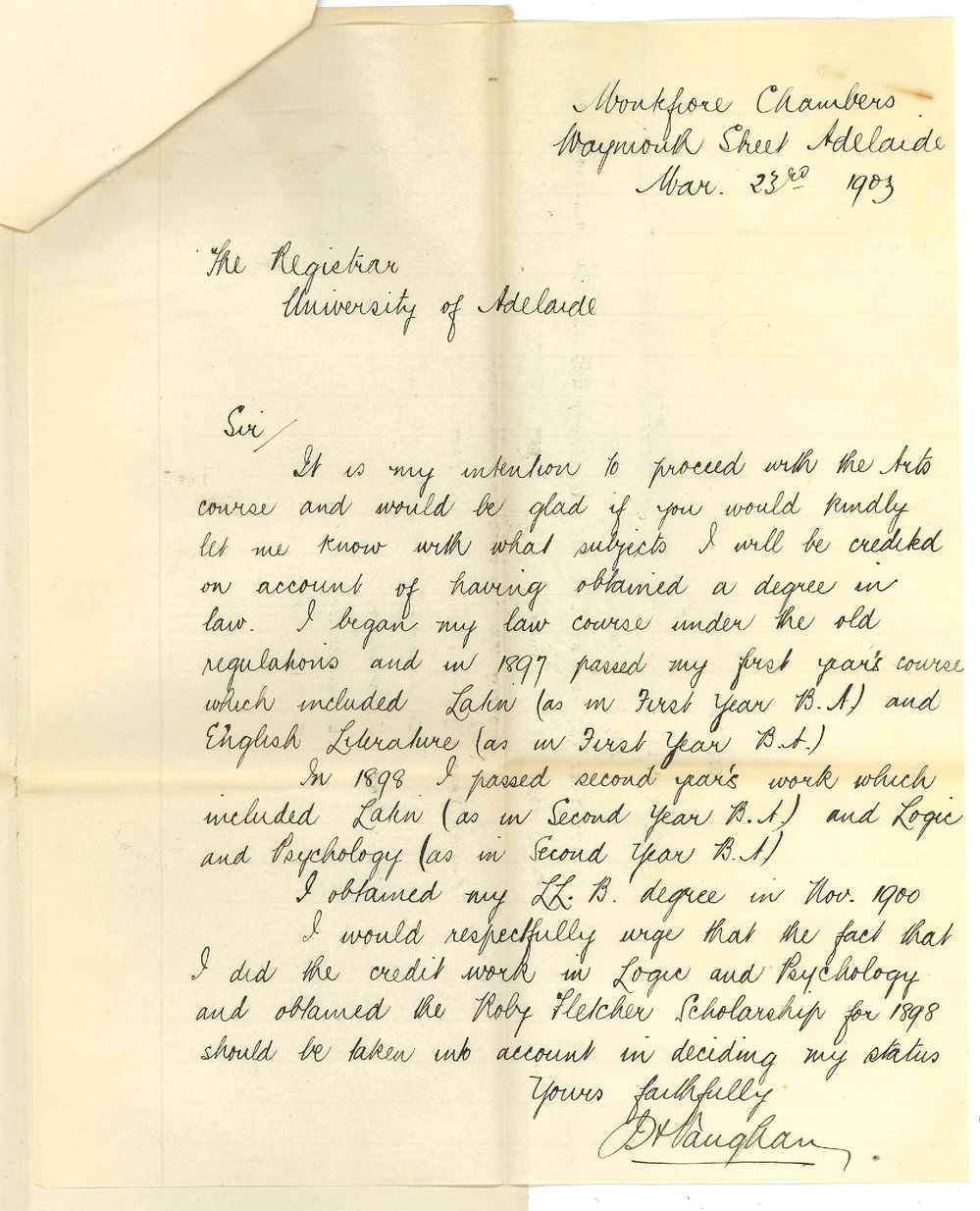 J H Vaughan LLB - Adelaide - Requests to know his status in respect to BA degree