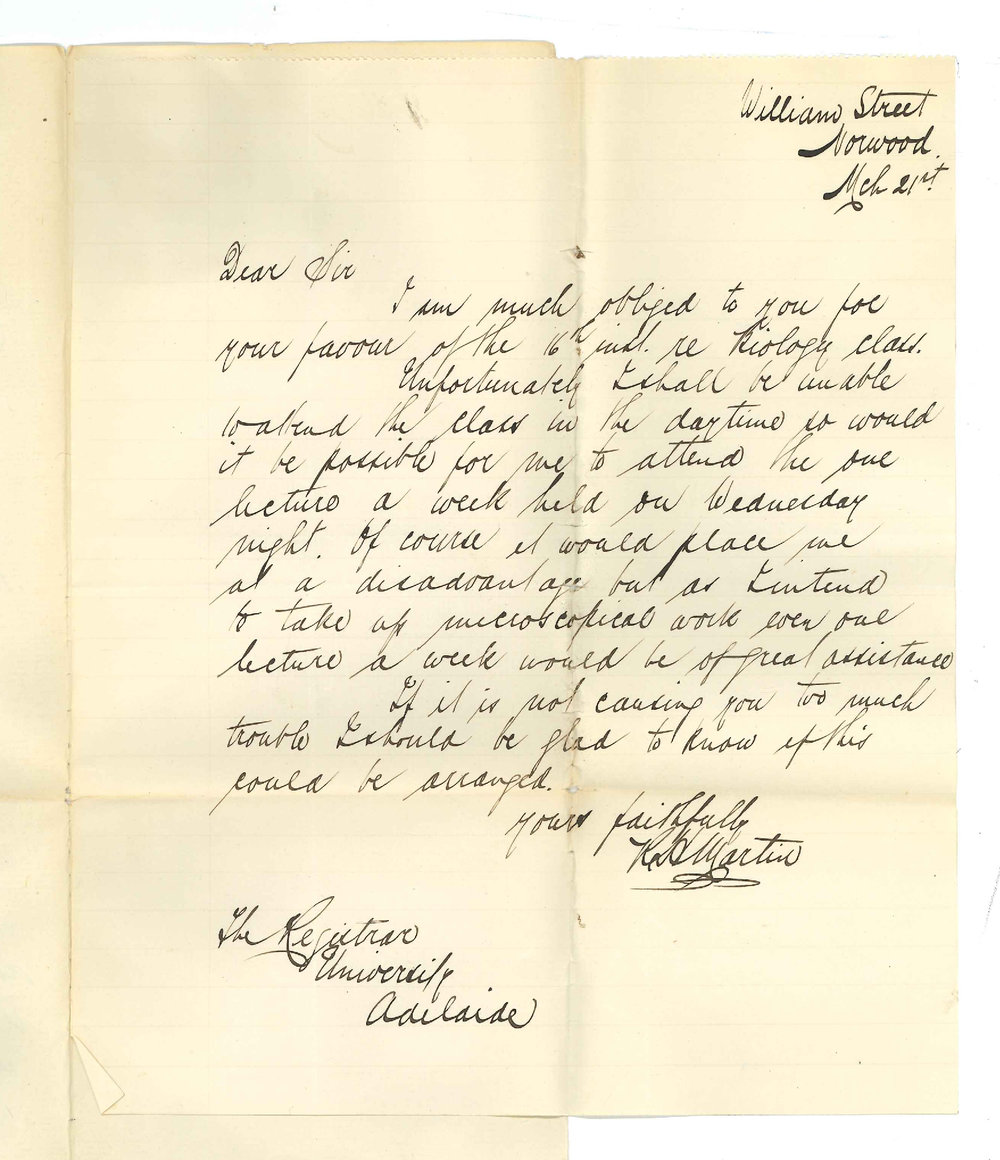 R H Martin - Norwood - Re attendance at Biology class