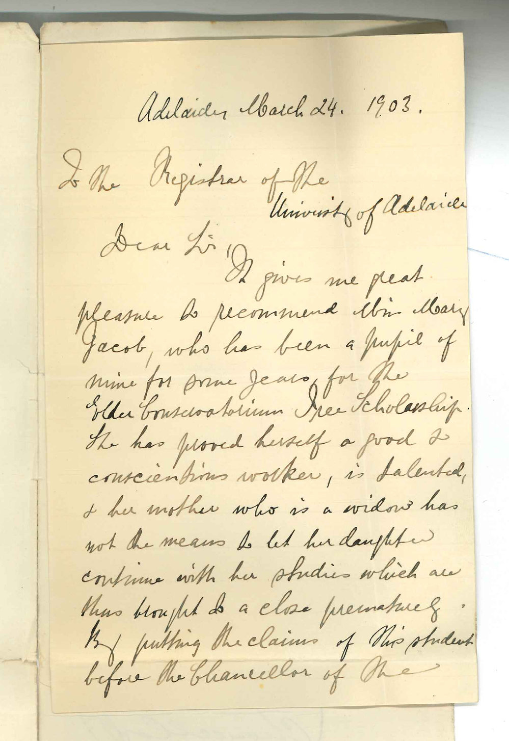 Immanuel Gotthold Reimann - Adelaide - Recommending Miss Mary Jacob to the Conservatorium Free Scholarship