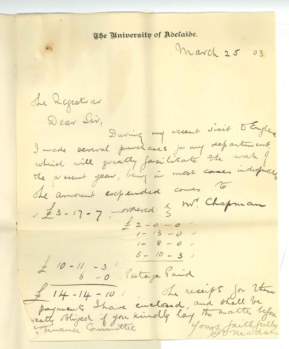 John Percival Vaissing Madsen - University of Adelaide - Requesting refund of amount paid for apparatus during visit to England