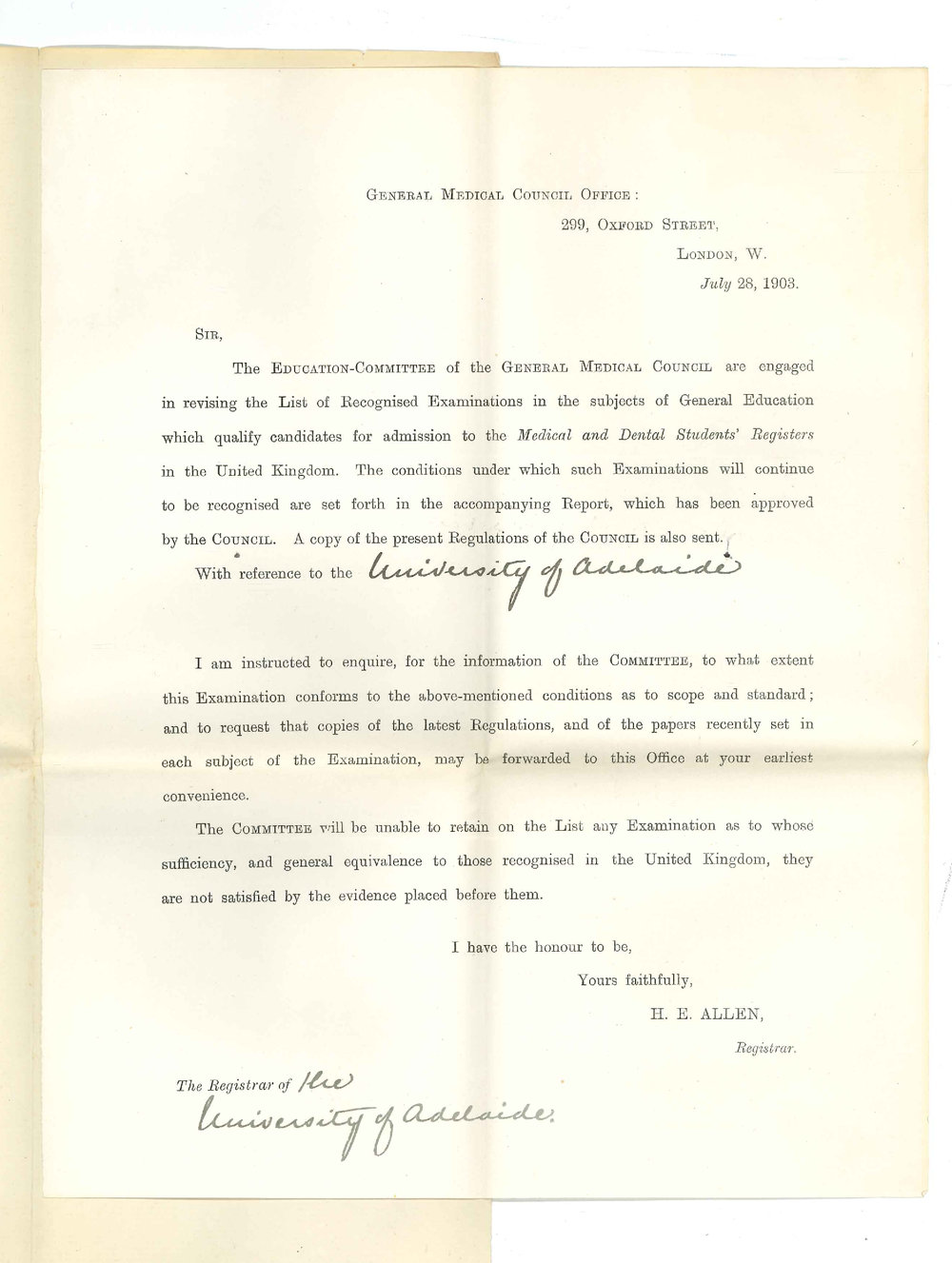 H E Allen - Registrar General Medical Council Office - Enquires respecting Medical Course