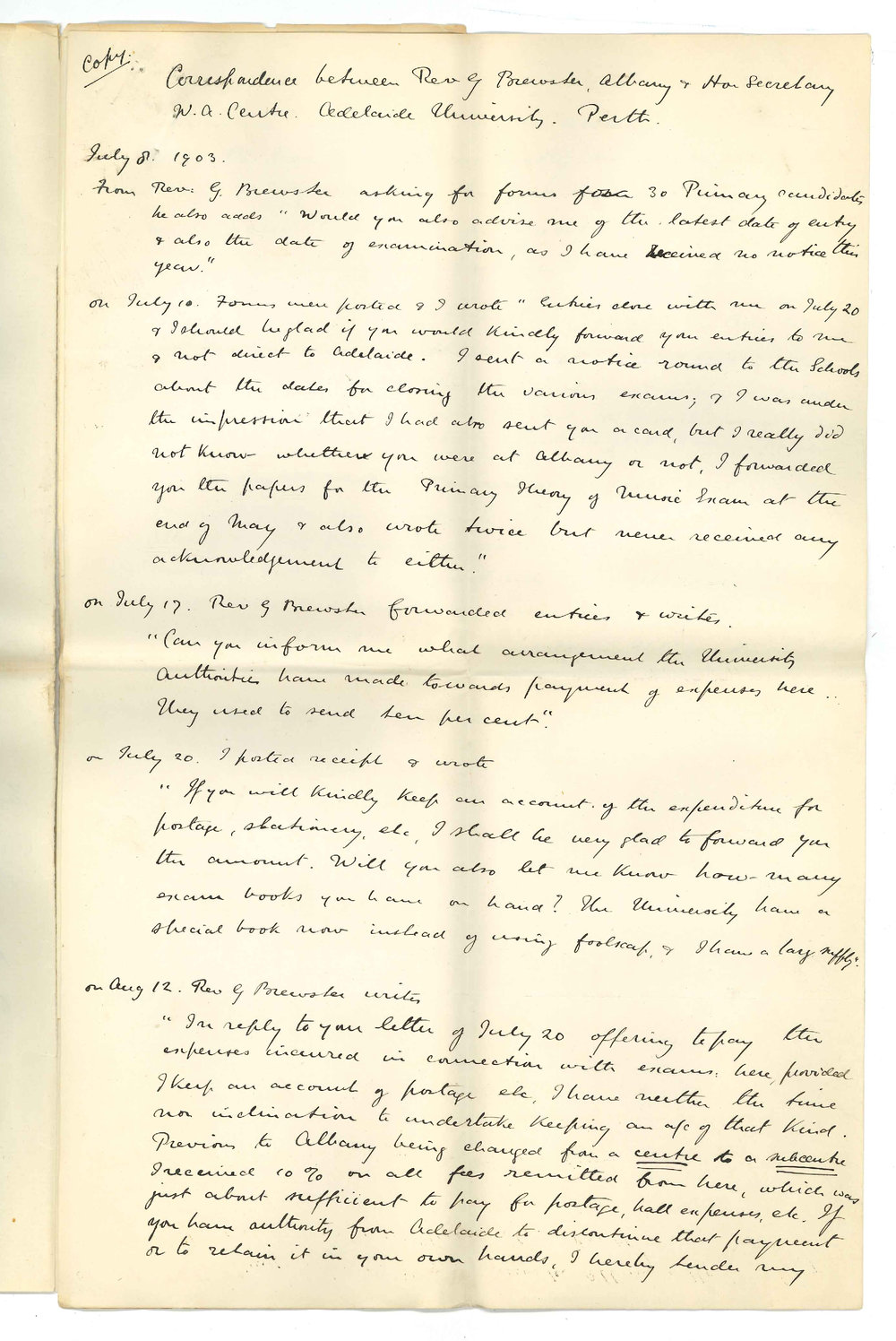 Henry Maurice Joscelyne - Perth WA - Copy of Correspondence between Rev G Brewster and W E Cooke Asking for Syllabus 1904 Viola