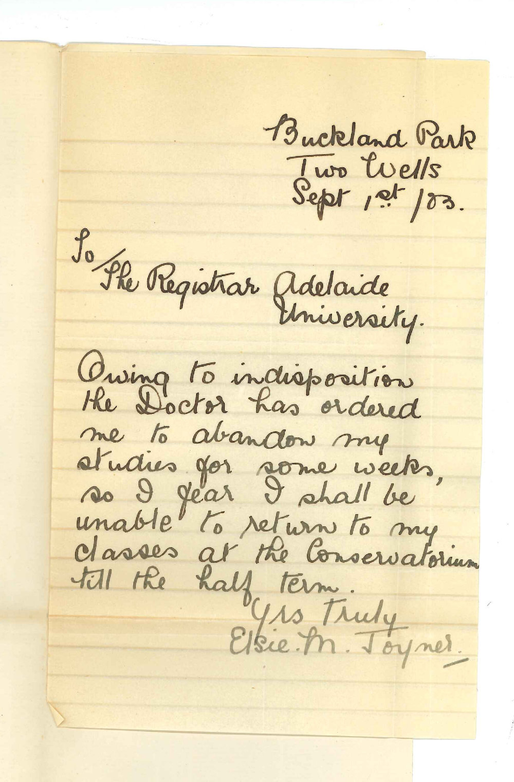 Elsie M Joyner - Two Wells - Discontinuing Lessons Conservatorium