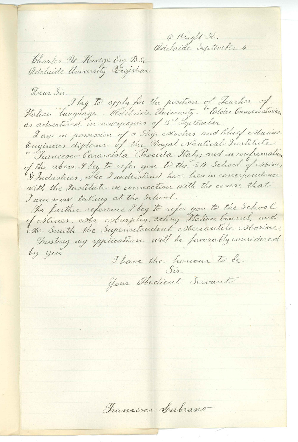 F Lubrano - Adelaide - Application for position as Teacher of Italian