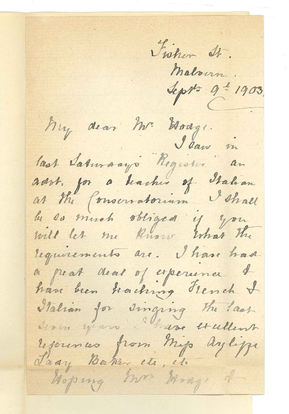 L A Snow - Malvern - Application for position as Teacher of Italian