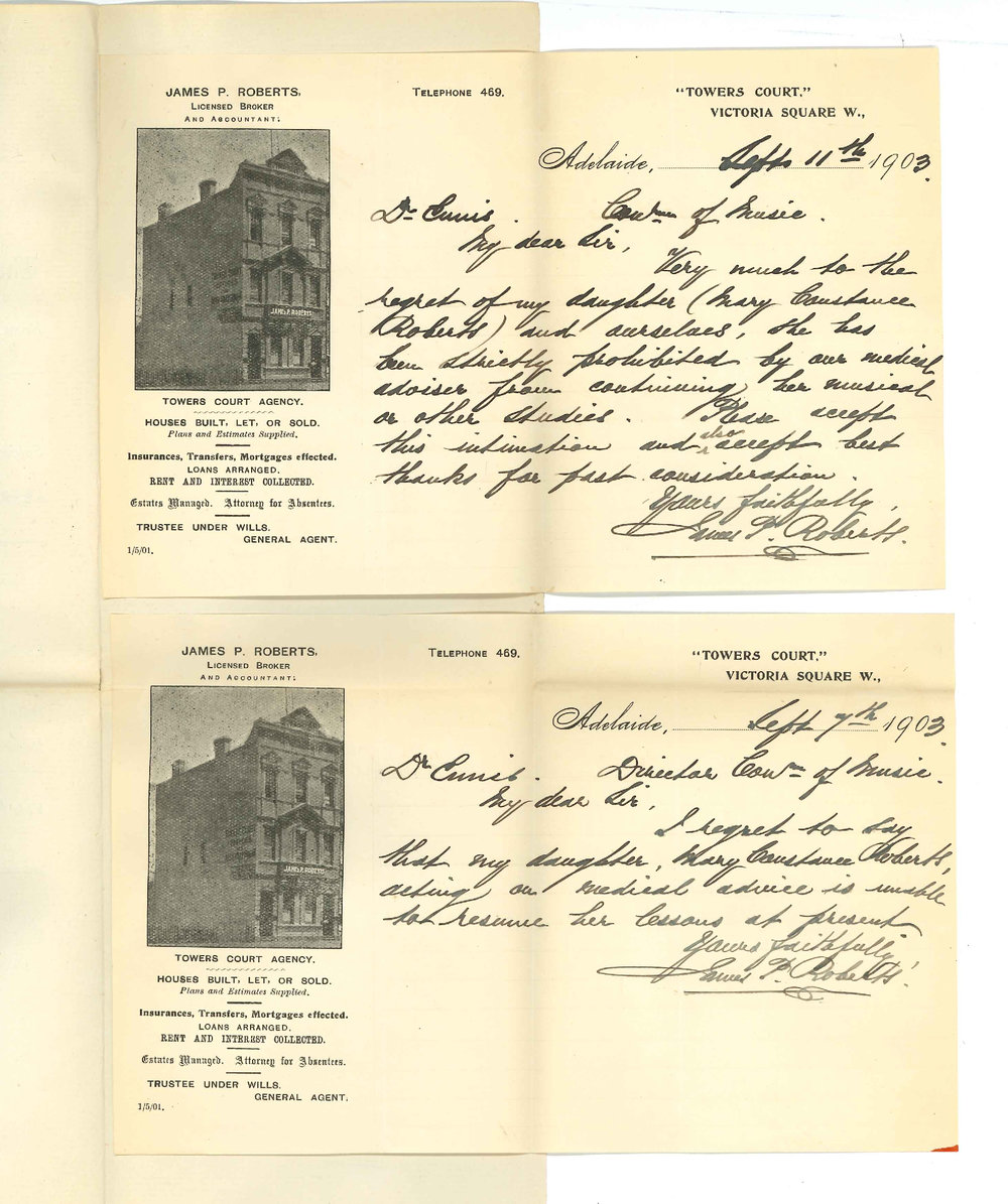 J P Roberts - Adelaide - Daughter discontinuing Lessons Conservatorium