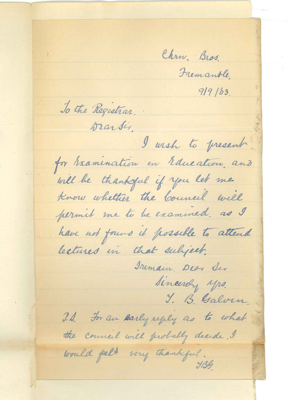 T B Galvin - Fremantle - Asking permission to sit for Examination in Education