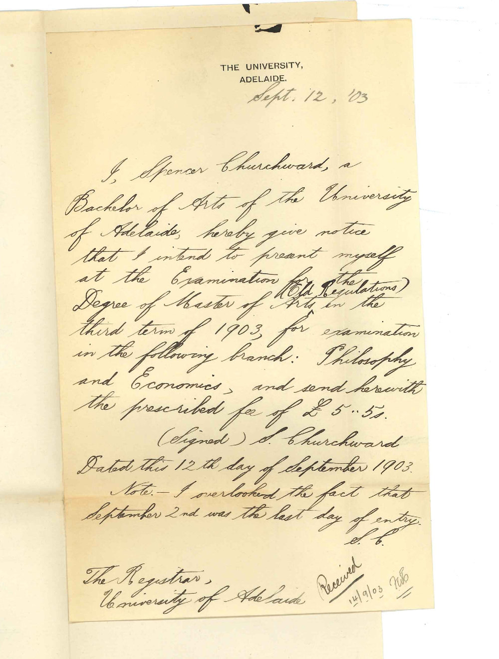 Spencer Churchward - Adelaide - Entering Examination M A Degree