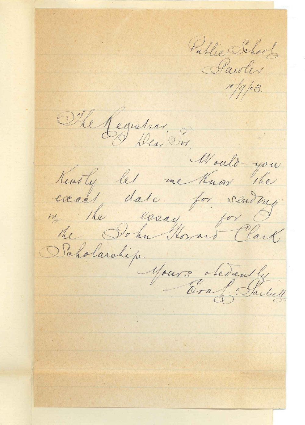 Miss E L Gartrell - Gawler - Asking date of entry essay for John Howard Clark Scholarship