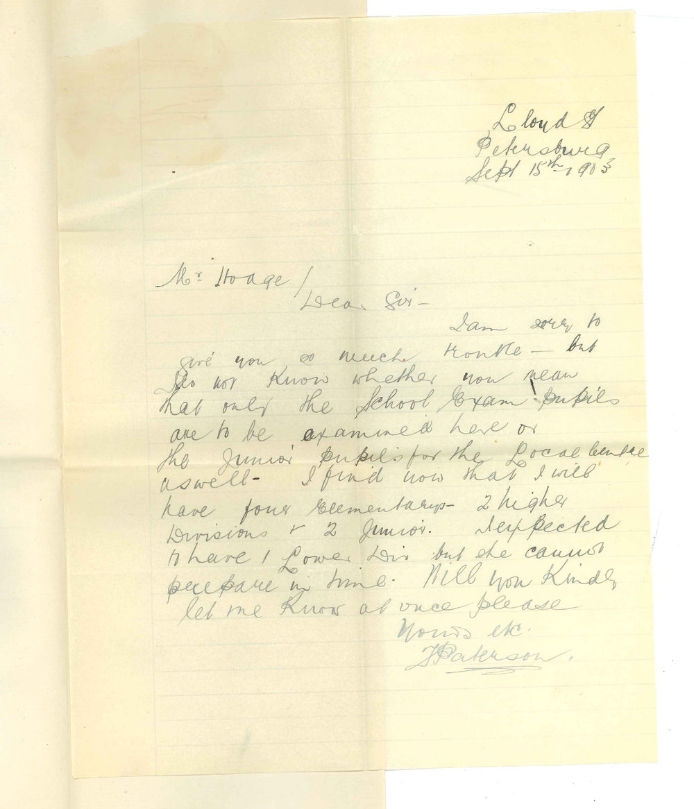 F Paterson - Petersburg - Asking if Examiner will go to Examine Junior Public