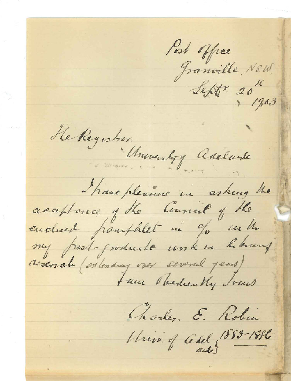 Charles E Robin - Granville N S W - Pamphlet result of post Graduates research work
