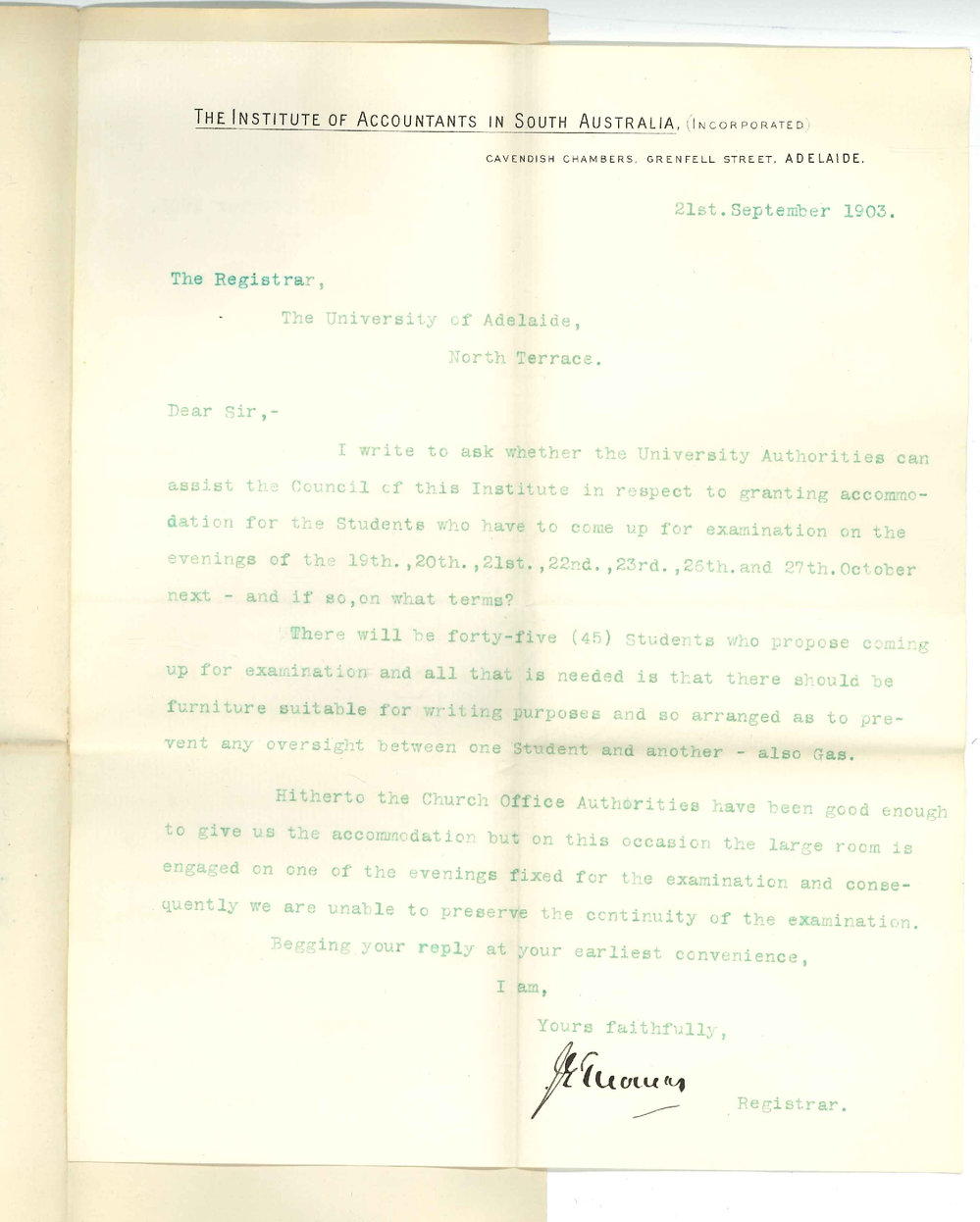 J E Thomas - Registrar - Institute of Accountants of SA - Asking for use of room for Examination Accountancy