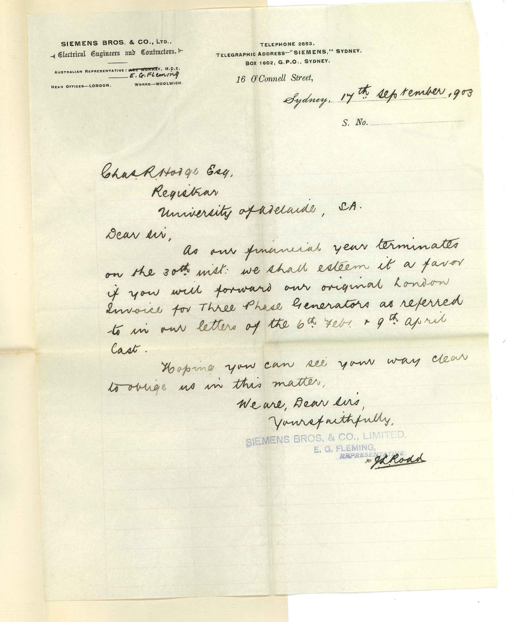 Siemens Brothers and Company Limited - Sydney - Asking for original Invoice