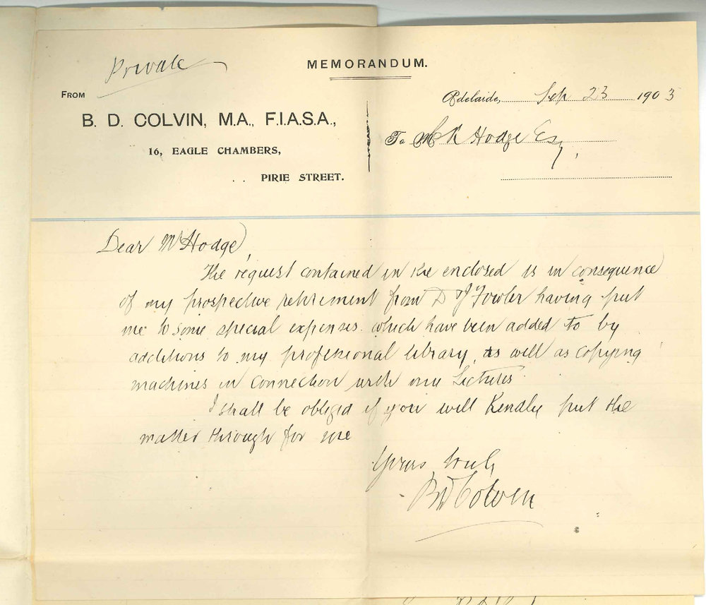 Bazett David Colvin - Adelaide - Asking for advance of &pound;25 on a/c of Fees