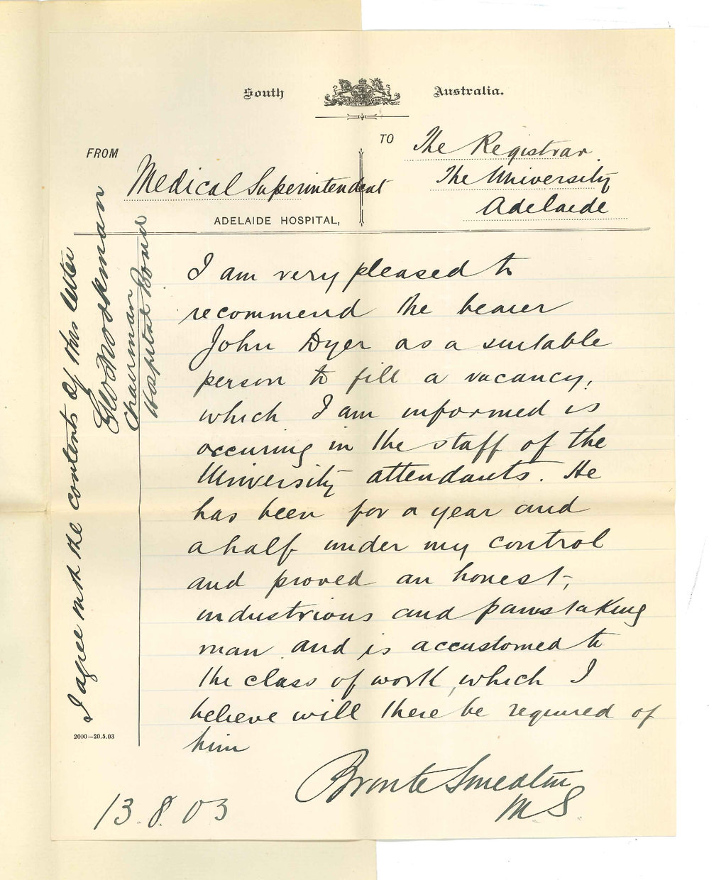 Messrs Bronte Smeaton - George Brookman - Adelaide - Testimonials for John Dyer