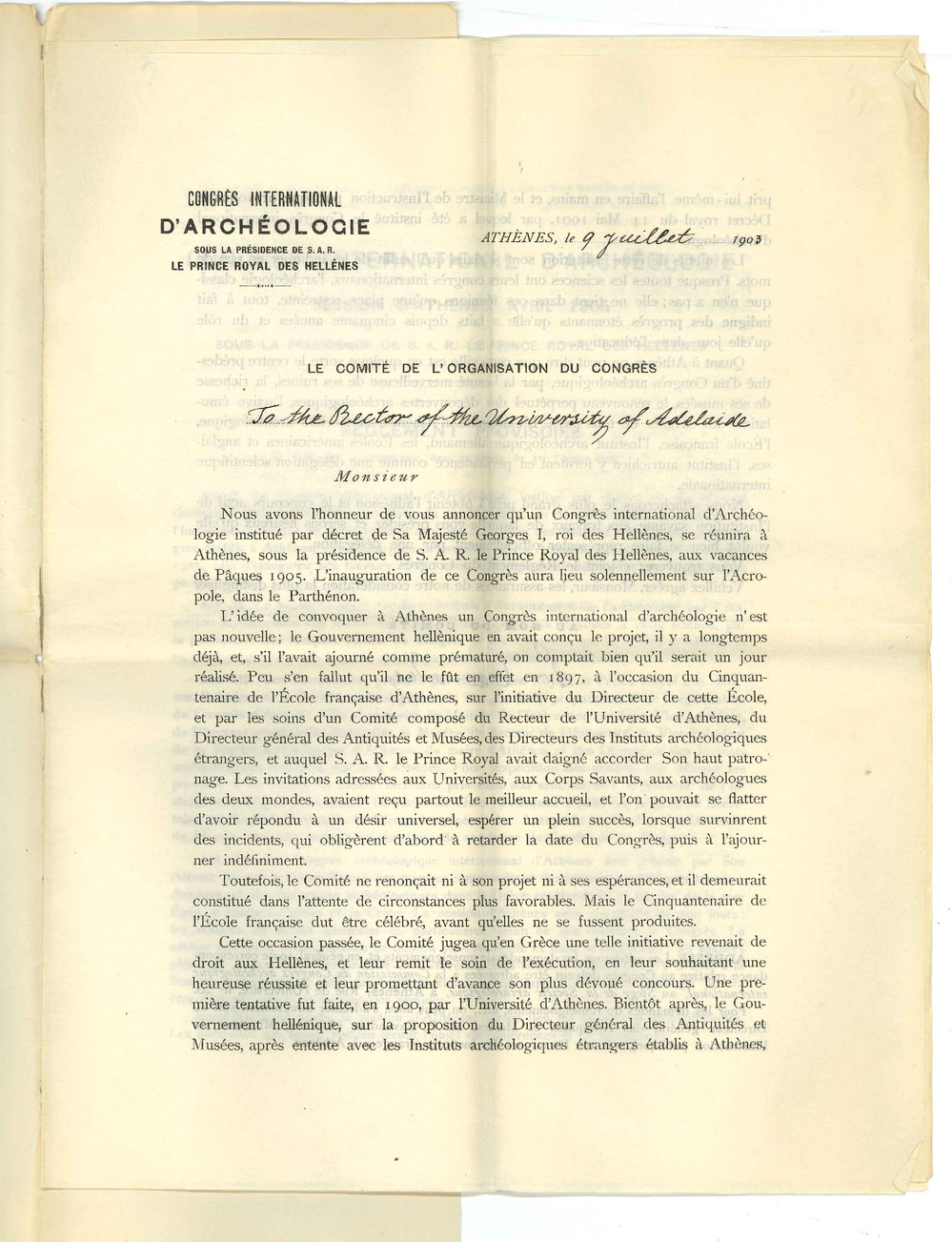 International Congress of Archaeology - Athens - Asking for representatives at Congress to be held at Athens 1905