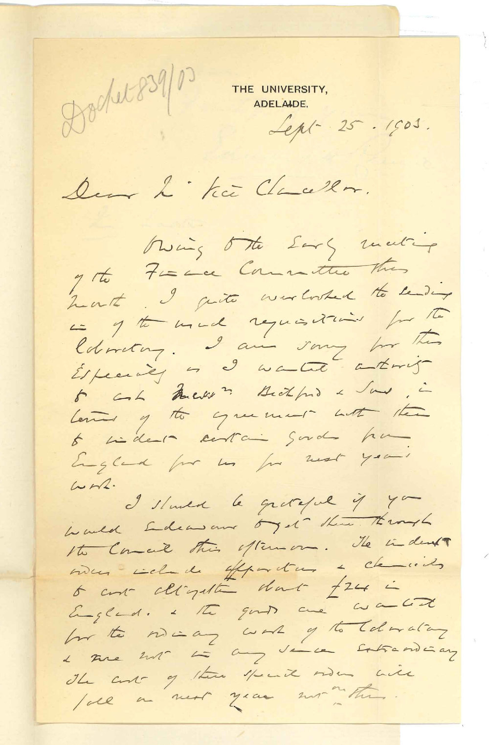 Professor Edward Henry Rennie - Adelaide - Permission to order Chemicals and Apparatus