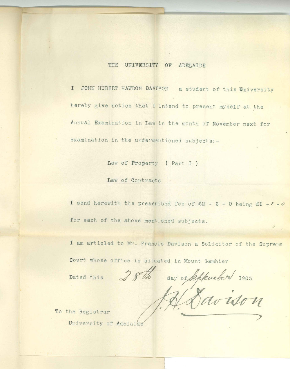John Hubert Hawden Davison - Mount Gambier - Entering Exam LLB