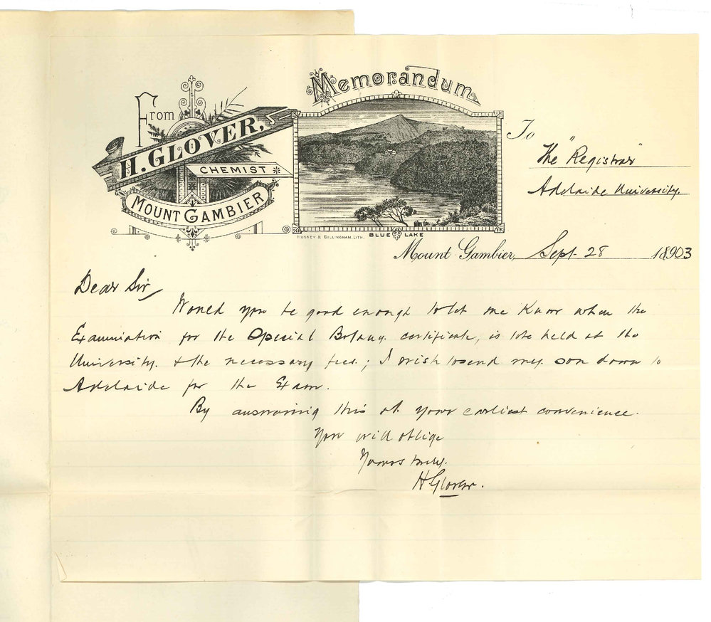 Harry Eldred Glover - Mount Gambier - Asking date of Special Botany Exam