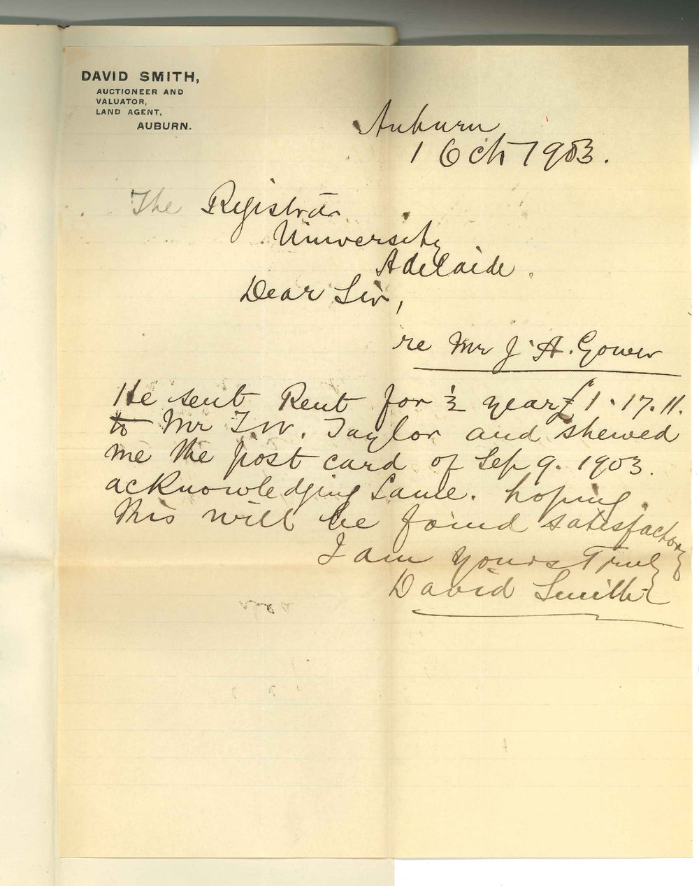 David Smith - Auburn - Re Mr J A Gower Sent Rent to Mr Taylor