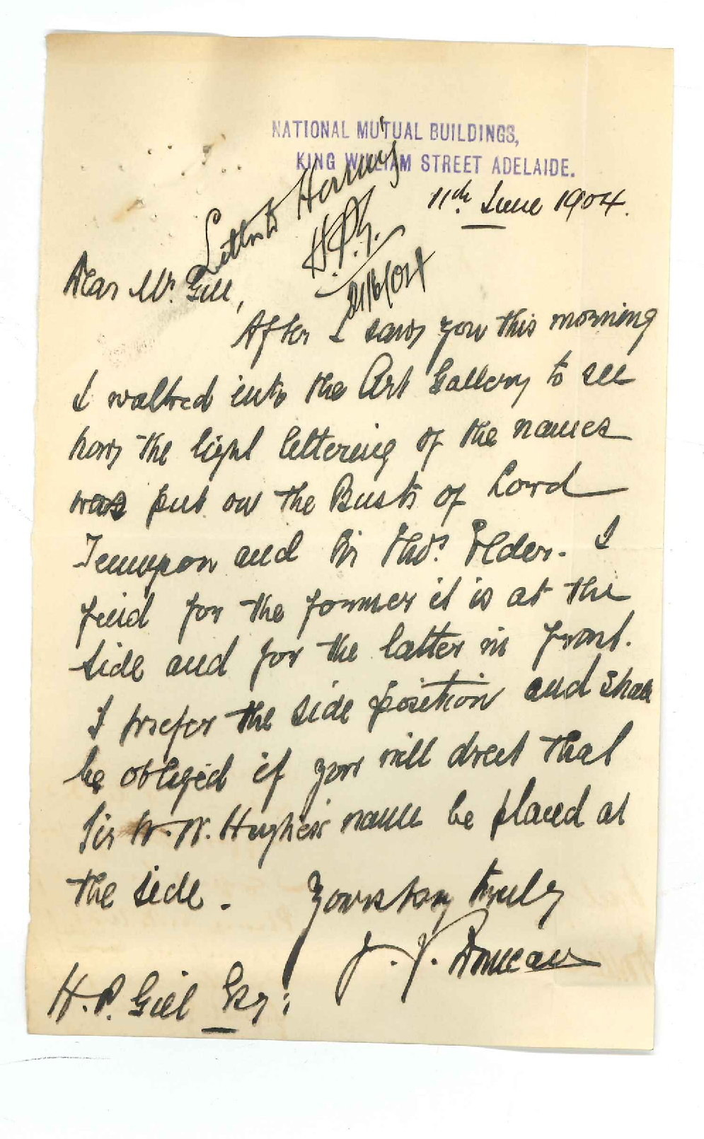 H P Gill - Adelaide - Bust of Sir Walter Watson Hughes Asking for copy of inscription for Bust of Sir William Cleaver Francis Robinson